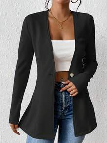 EMERY ROSE Women's Casual Textured Unlined Collarless Lightweight Long Sleeve Blazer - Black - View 6
