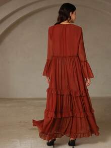 Aveloria Revavyn Brick Red Chiffon Deep V Frill Trim Split Long Sleeve Flare Cuff Layered Ruffle Hem Dress, Reversible Boho Style For Women Fall Cloth For Women - Rust Brown - View 2