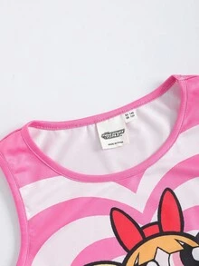 THE POWERPUFF GIRLS X SHEIN 青少年女孩时尚 Y2K 休闲夏季心形和可爱卡通花朵、泡泡、毛茛图案不对称下摆无袖上衣 - 粉色 - 查看 6