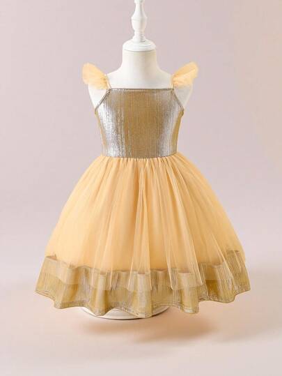 Glamorique Kids 少女优雅派对连衣裙，金属网纱设计，荷叶袖，适合秋冬季节穿着。