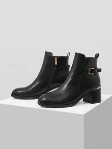 MOTF 女士厚底圆头时尚踝靴，黑色皮革绑带装饰礼服靴，适合圣诞节穿着 - 黑色 - 查看 4