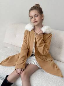 Tween Girl Patchwork Faux Fur Hooded Long Sleeve Cinched Waist Casual Jacket, Autumn/Winter Fall - Khaki - View 6