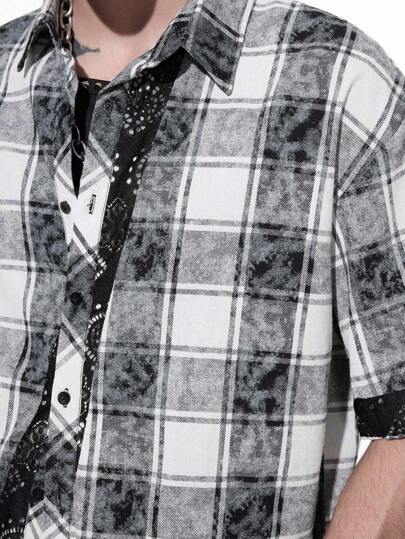 Street Life Men's Plaid Patchwork Short Sleeve Shirt, Emo, 2000s Style