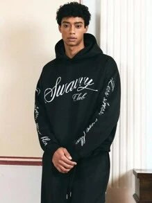 SWAVVY 2pcs Men's Standard Size Black Letter Print Pullover Sweatshirt & Pants Casual Sweatsuit Set, Fall Winter Clothes - Black - View 3