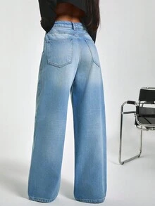EURMUSE Hıgh Waist Embroidery Detailed Wideleg Jean - Light Wash - View 4