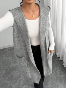 Elenzga 大码女式法式针织中长款连帽背心开衫，无袖针织毛衣外套，休闲宽松百搭通勤装，灰色无袖连帽开衫，带口袋 - 灰色 - 查看 6