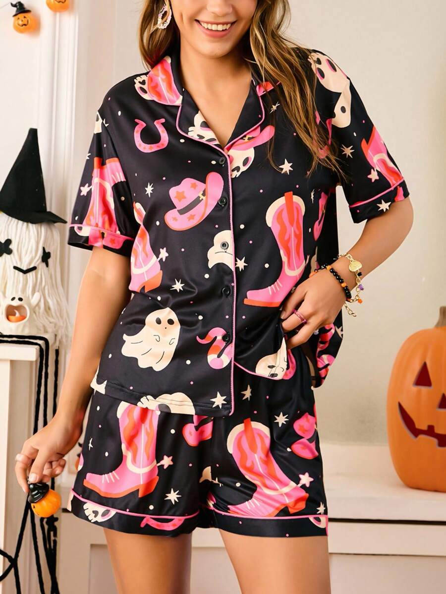 Chillnights Conjunto de Pijama Feminino Estilo INS Bota Cowboy Fantasma Fofo de Halloween, Conjunto de Pijama Feminino de Halloween, Conjunto de Pijama Feminino Plus Size de Halloween, Conjunto de Pijama Cowboy Feminino, Conjunto de Pijama Fantasma Feminino, Conjunto de Shorts de Pijama Rave de Halloween - Multicolorido - Visão 1
