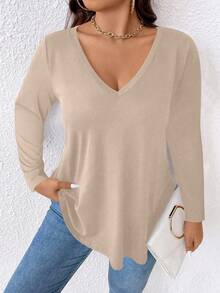 EMERY ROSE Plus Size Solid V-Neck Long Sleeve Casual T-Shirt For Spring - Khaki - View 4