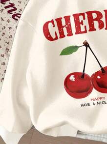 SHEIN 奶油白色，复古樱桃图案，青少年女孩休闲宽松连帽运动衫，舒适长袖，适合秋冬季