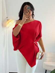 Rafferiza Elegant, Daily Casual And Versatile, Sexy Oblique Shoulder, Asymmetrical Design, Dropped Shoulder Sleeves, Waist Pleats, Green Women's Spring And Summer Tops, Shirts, Asymmetrical Shoulder Tops - Red - View 3
