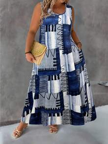 EMERY ROSE Plus Size Round Neck Casual Printed Knit Dress - Multicolor - View 7