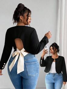 Elenzga Plus Size Black And White Women's Front Open Long Sleeve Jacket,Round Neck Curved Hem Hollow Bowknot,Elegant Office Autumn For Commuting Dates Outings - Black - View 6