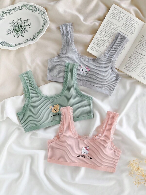 3pcs/Set Cute Tween Girls Bras, Bralette For Girls, Tween Girl Knitted Ribbed Tube Top Camisole Set ,Cute Tops Teen