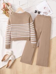 Sparklyn 1套女童毛衣套装，休闲款，米色打底，白色条纹，圆领，中袖，棕色上衣搭配同色阔腿裤，中厚款，细针织质地，适合日常出游，春秋季