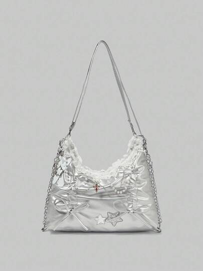 Grunge Punk Bolso de hombro de moda con volantes de encaje de estilo punk y contraste