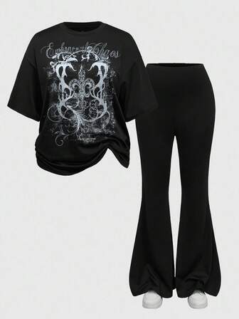 Grunge Punk 2 Stücke/Set Damen Lässig Schwarz einfarbiges Basic T-Shirt und weite Hose