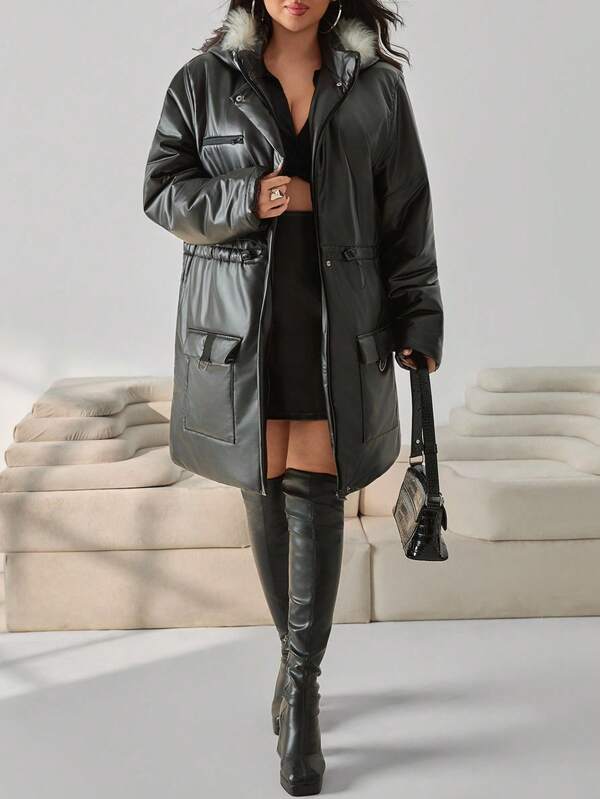 EURMUSE Manteau en PU à capuche avec cordon de serrage à la taille, fermeture éclair devant et col, manteau d'hiver pour femmes grandes tailles
