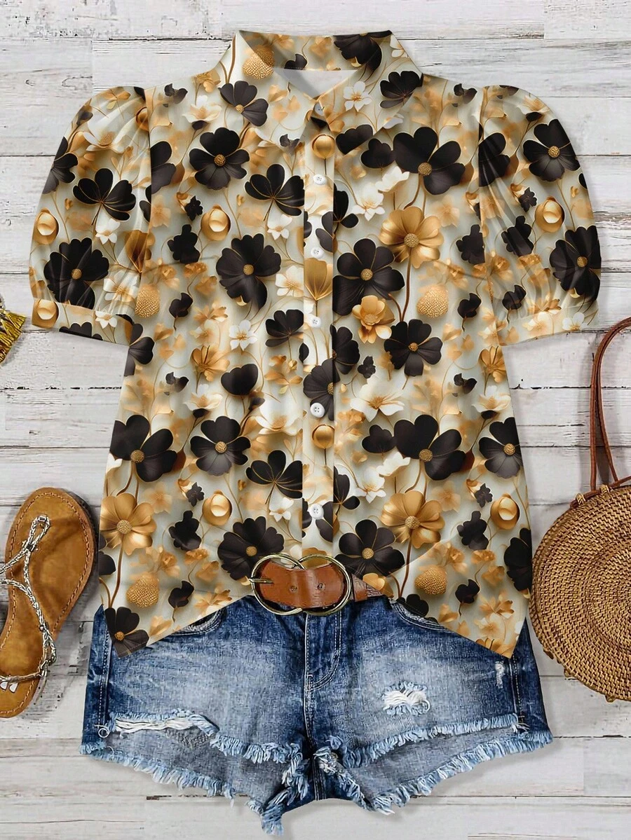 EMERY ROSE Vintage verwaschen Blume Muster lässig locker geschnittenes Hemd in Große Größen