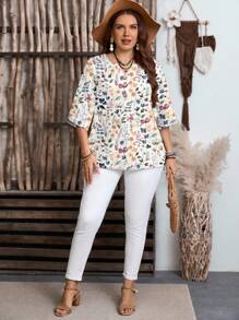 EMERY ROSE Ditsy Floral, Vintage Casual Minimalist Plus Size Shirt, Suitable For Autumn Chic Blouses Women,Fall Clothes Women,Flower/Spring/Summer/Vacation - Multicolor - View 5