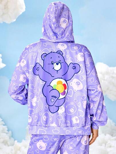 SHEIN X Care Bears Women's Cartoon Bear Pattern Hooded Long Sleeve Jacket