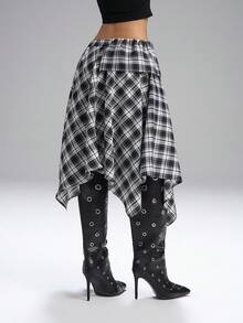 LYSMO 2025新款女士秋季时尚格子不对称A字裙，尽显优雅乡村风情 - 黑與白 - 查看 2