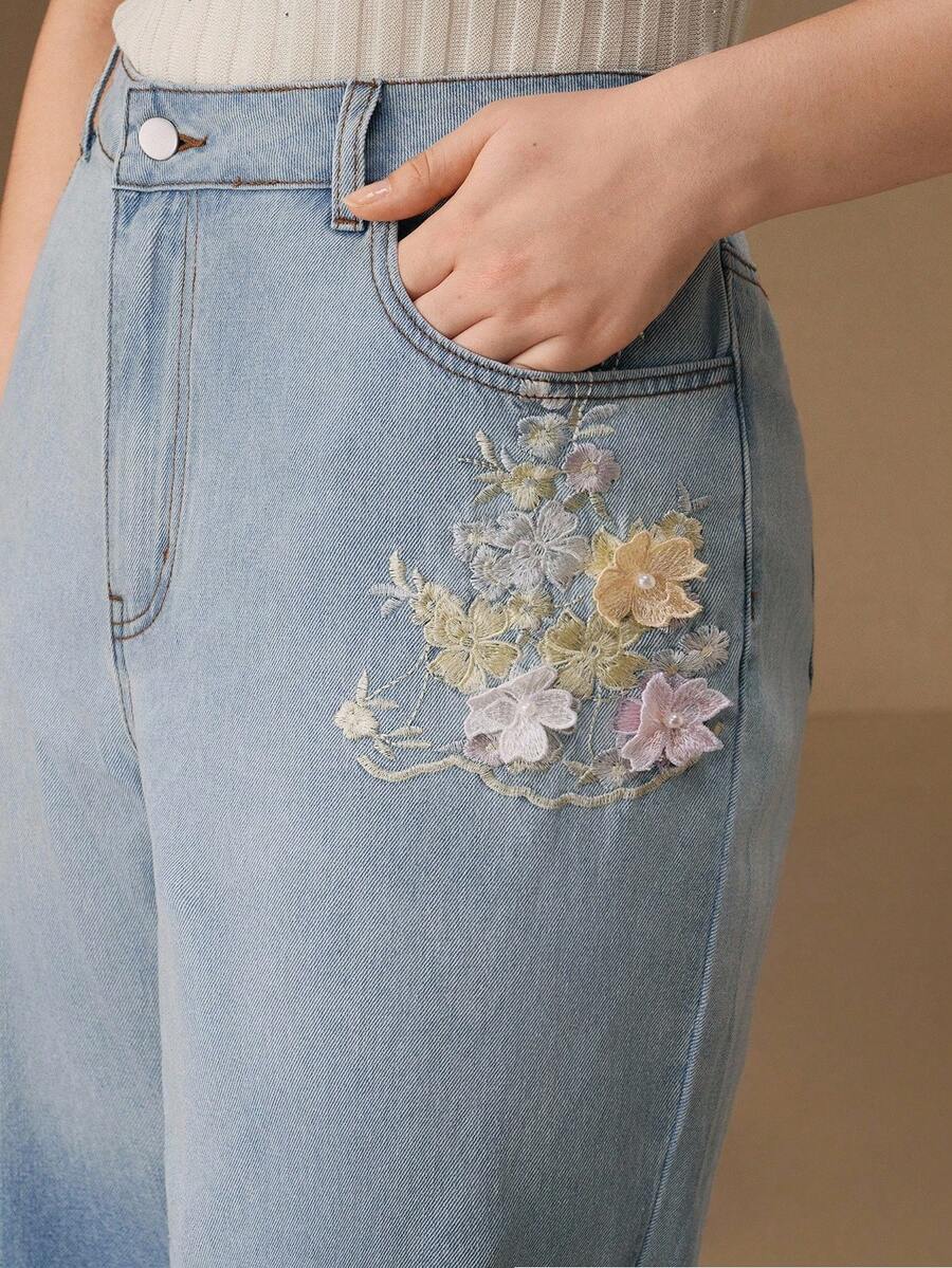 Anewsta Jeansy damskie w stylu rustykalnym z haftem w kolorze niebieskim - Niebieski - Zobacz 1