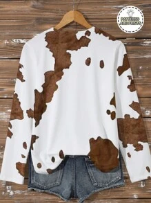 SHEIN LUNE 大码女式牛印花圆领长袖休闲 T 恤 - 白色 - 查看 2