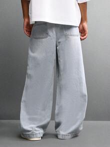 SUMWON 超宽腿宽松低裆浅色水洗牛仔裤 滑板风街头风宽松全长休闲时尚裤 纯色 - 藍色 - 查看 2