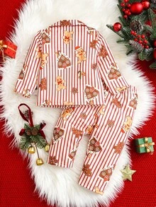 2 件男婴圣诞姜饼屋和树印花条纹休闲领开衫和裤子睡衣套装，秋冬女婴圣诞装 - 紅色 - 查看 2