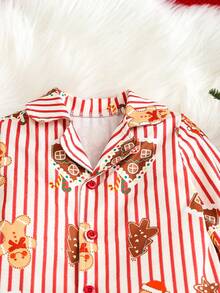 2 件男婴圣诞姜饼屋和树印花条纹休闲领开衫和裤子睡衣套装，秋冬女婴圣诞装 - 紅色 - 查看 4