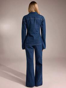 Avantive Fall&Winter Halloween Christmas New Year Going Out Graduation Prom Elegant Formal Luxury Chic Business Casual Birthday/Office Outfits/Country Concert/Club Outfits Sexy/Western/Work Clothes/Streetwear/Vintage/Festival/Cocktail/Rave/Prom/Hawaii/Airport/Funny/Basic/Brunch Outfits/2000s Style/Bodycon/Old Money Style/Church/Homecoming/Classy/Party/Modest/Date Night/Autumn/Winter/Single-Breasted Denim Top/Coat/Jeans/Blue Washed Low Rise Baggy Wide Leg Cowgirl Jeans/Denim 2ps Outfit - Blue - View 2