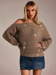 Avantive Mocha Brown Off The Shoulder Rhinestone Sweater For Women,Elegant Autumn Knitwear For Night Out,Y2K Western Style Boho Vintage Clubwear Top - Brown - View 3