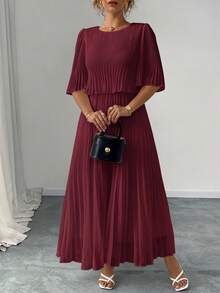 Elenzga Vestido elegante de gasa plisada de unicolor para mujer de talla grande, primavera/verano