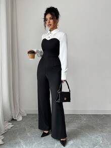 Rafferiza 女士休闲通勤黑白撞色宽松阔腿二合一连体裤，春秋季 - 黑與白 - 查看 3