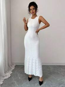 Elenzga Elegant Cream White Sleeveless Pearl Decor Round Neck Wedding Guest Dress, Autumn - White - View 6