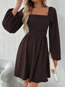 EMERY ROSE Vestido mini de mujer de unicolor con cuello cuadrado, mangas farol y drapeado de moda - Marrón Chocolate - Ver 3