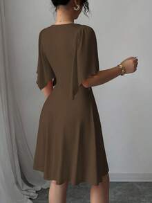 Elenzga New V-Neck Ruched Bust Ruffled Sleeve Waist Cinched Elegant Mini Dress For Women, Flattering & Slimming - Brown - View 2