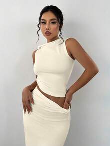 SHEIN Unity Women's Solid Color Twist Shoulder Design Fitted Tank Top And Skirt 2 Pieces Set - Beige - View 6