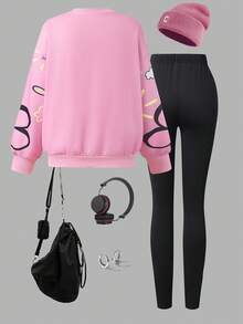 Sparklyn 2 件套复古美式英语图案运动衫和裤子套装，适合少女 - 玫紅色 - 查看 2