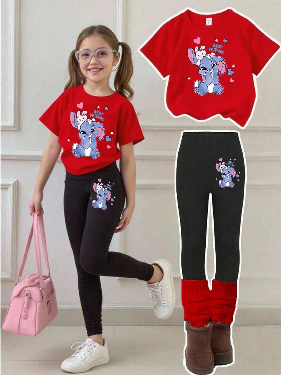 Bộ 2 áo thun tay ngắn in hình thỏ dễ thương và trái tim cho bé gái kèm quần legging đen - Nhiều màu - Xem 1