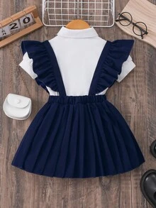 Girls' Navy Academic Style Cap Sleeve Collar Badge 3D Bowknot Shirt And Criss-Cross Flare Sleeve Pleated Suspender Skirt Set Cute School Clothes Uniform