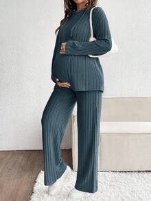 SHEIN 2 pièces Ensemble décontracté de maternité avec capuche à cordon et pantalon, ensemble de maternité automnal 2 pièces, ensemble en tricot 2 pièces, vêtements de grossesse, ensemble 2 pièces côtelé