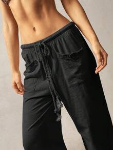 Bohemela Bohemian Style Solid Color High Waist Flare Leg Knit Pants, Spring/Summer,Fall - Black - View 4