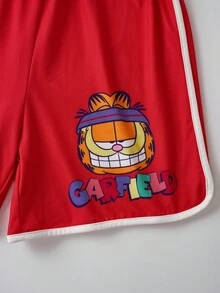 GARFIELD | SHEIN Tween Boy Cute Sports Casual Striped Pattern Round Neck Pocket Tank Top And Cartoon Graphic Shorts 2 Pieces Set, Summer