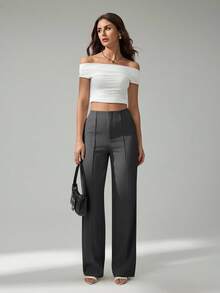 SHEIN Tall 夏季女士浅米色西装裤通勤优雅约会高腰女裤灰色裤子女正装裤高腰裤阔腿裤 - 深灰色 - 查看 6