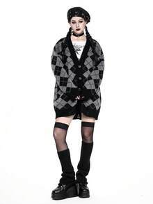 ROMWE Academia 女式菱形拼色V领宽松学院风针织开衫，秋冬款 - 灰色 - 查看 8