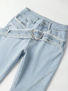 Women's Flared Casual Jeans With Pockets And Eyelets Design - Blue - View 5