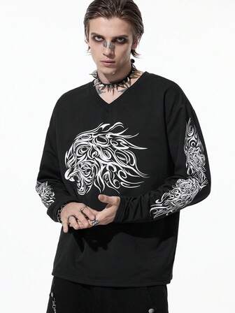 Goth Herren Lässig Kontrast Farbdruck Langarm T-Shirt, Herbst, für den Herbst, 2000er Jahre Stil