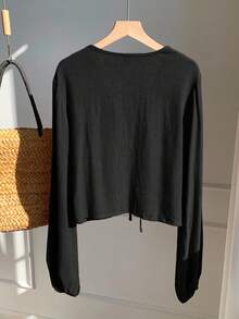 Comfortcana Casual Vacation Style V-Neck Front Tie Floral Embroidery Long Sleeve Cropped Shirt, Spring/Autumn,Black Tops Black Blouses Boho Blouses Lantern Sleeve Blouse, Christmas