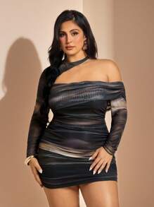 SHEIN BAE 大码女式不对称网眼多色云扎染连衣裙，春夏 - 彩色 - 查看 4